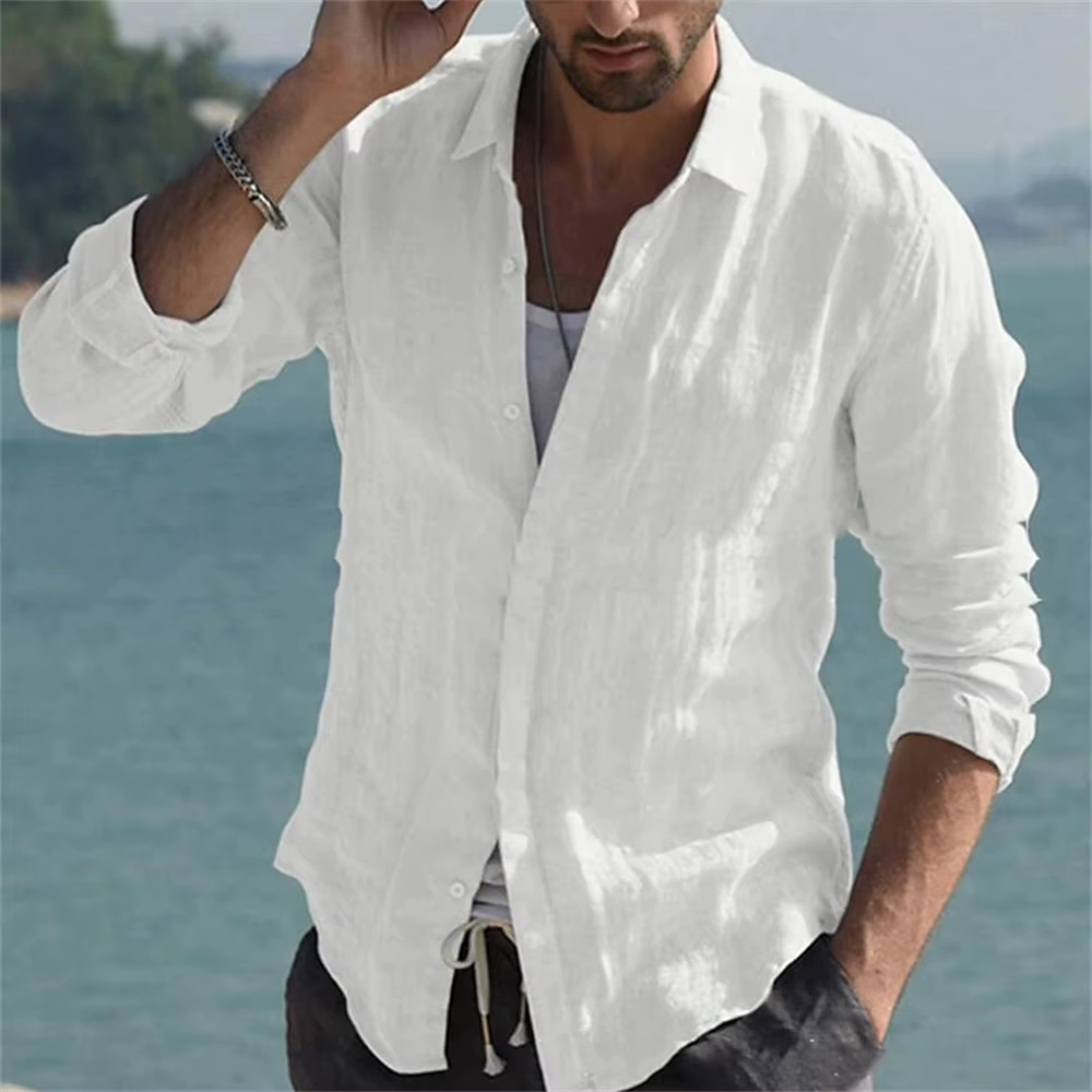 Chemises à manches longues pour hommes, col montant de couleur unie, style de plage décontracté, off