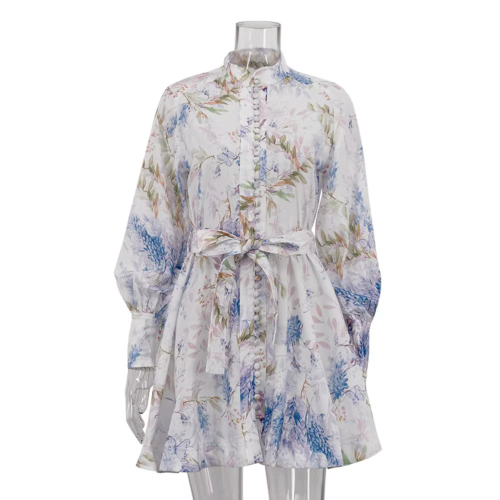 Robe Rétro Haut de Gamme à Imprimé Floral Français pour Femme, Nouvelle Robe à Col Montant, Manches 