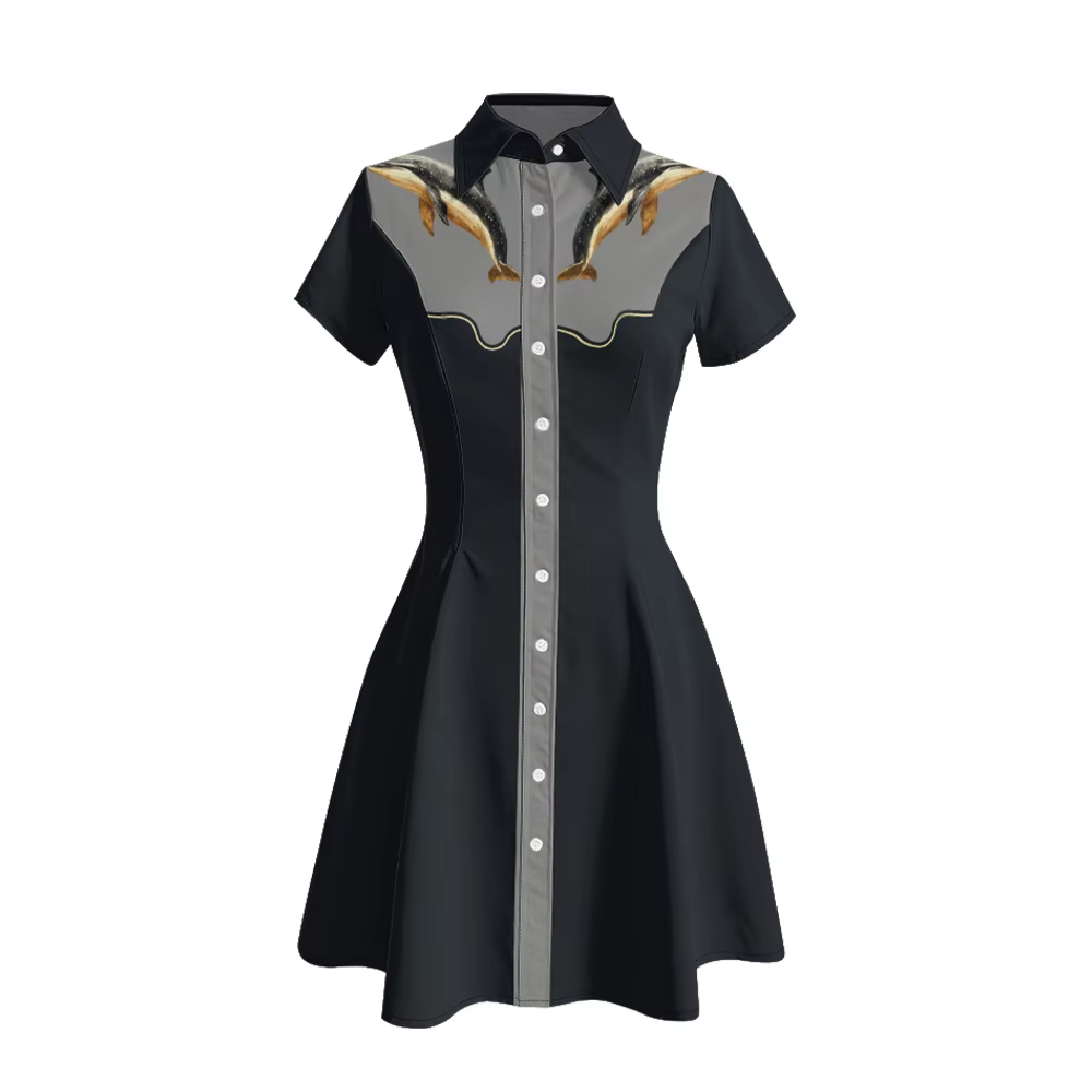 Robe chemise occidentale pour femmes avec notes de musique et col de cowboy imprimé dauphin boutonné