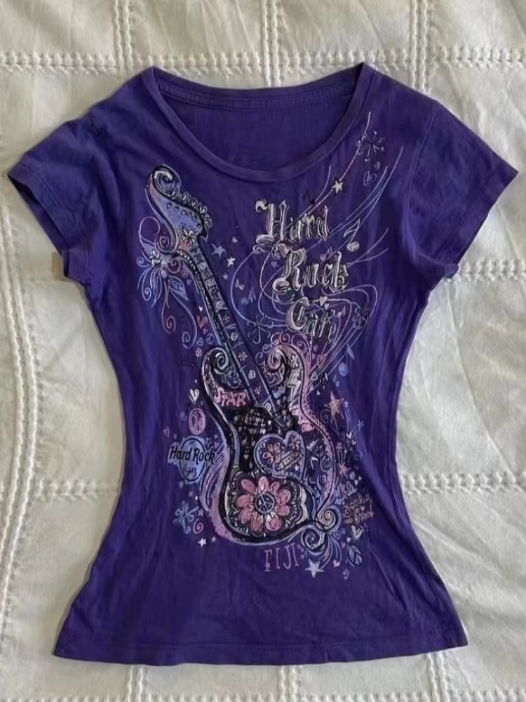 Femmes sous-culture Vintage violet imprimé T-Shirt été Y2k américain rétro mince t-shirts décontract