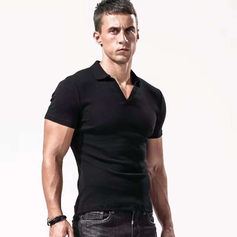 T-shirt Homme Slim Fit Style Américain Décontracté Col Henley Manches Courtes Élastique Col en V Hau