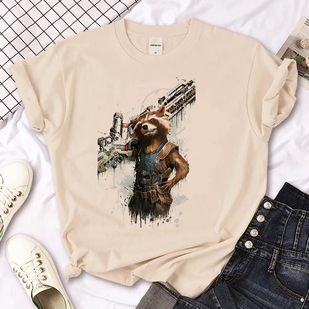 T-shirt femme, streetwear, harajuku, vêtement de styliste, motif raton laveur et fusée, 600