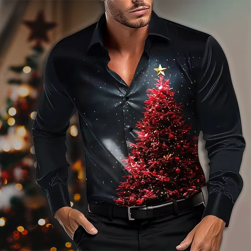Chemise de sapin de Noël à manches longues pour hommes, impression haute définition, vêtements de va