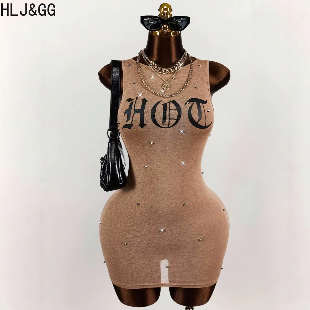 HLJ&GG Robe moulante mini pour femme, imprimé lettres, à rivets, col rond, sans manches, coupe ajust