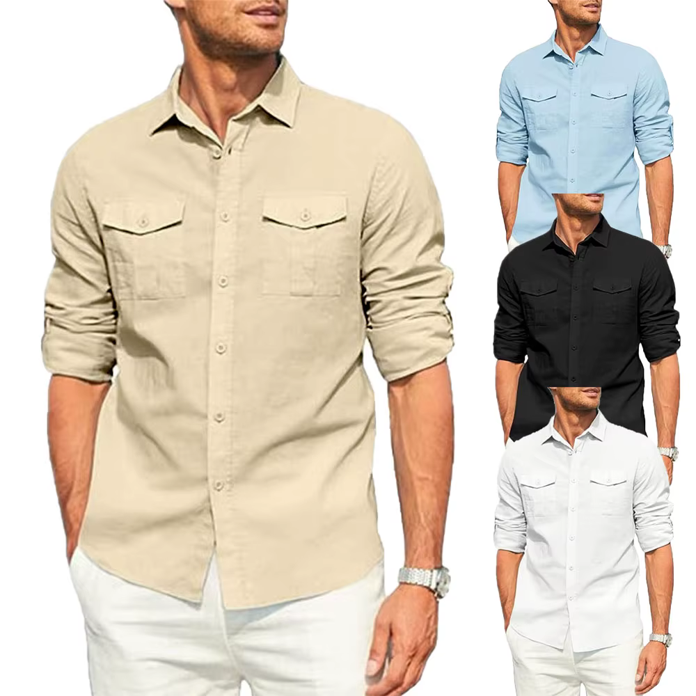 Chemise pour hommes Double poche coton lin chemise à manches longues décontracté chemise de vacances