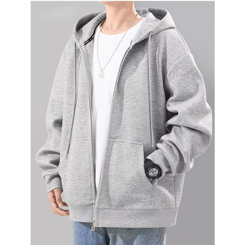 Sweat à capuche lourd avec fermeture éclair complète, version ample et décontractée, gris clair, cou