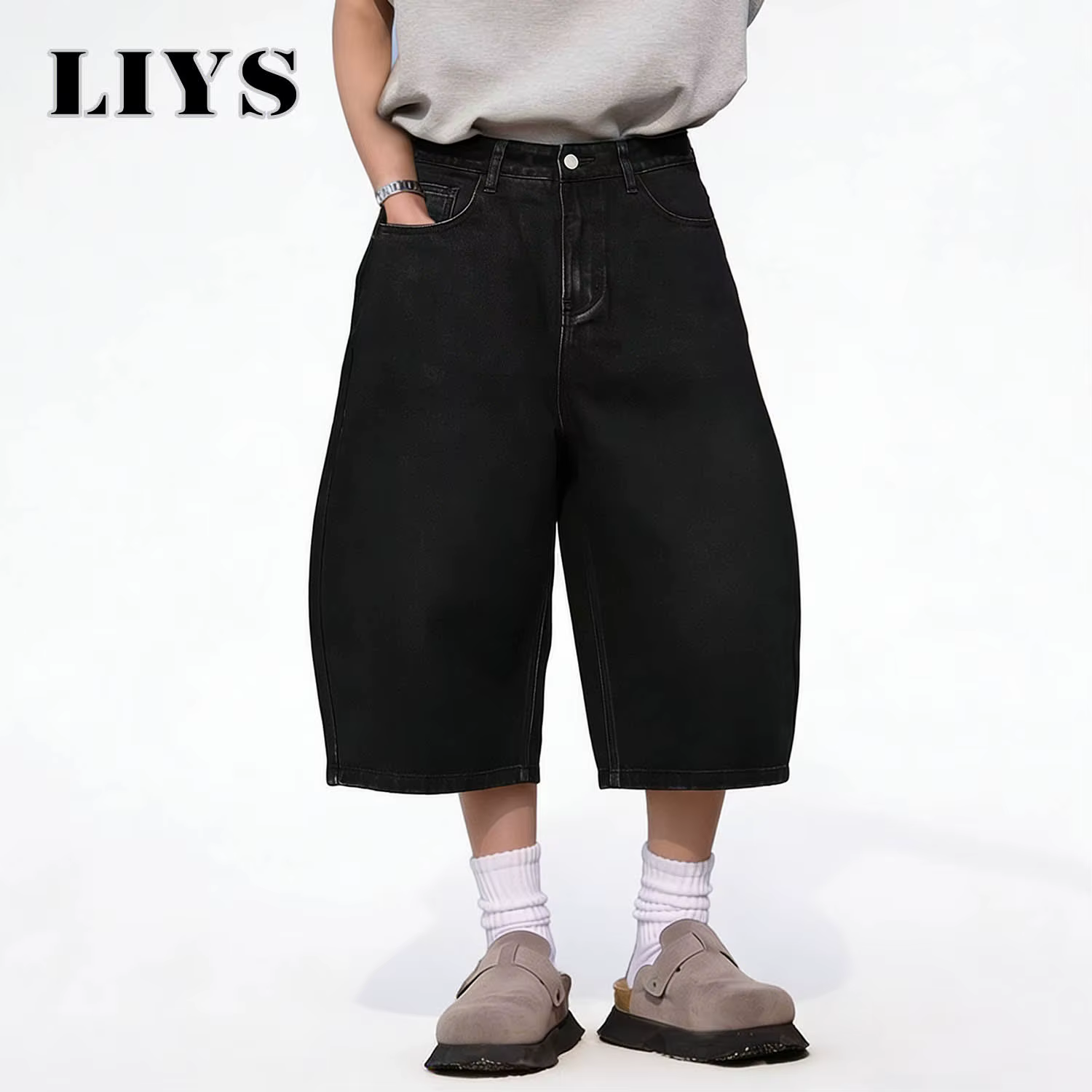 LIYS Short en jean ultra ample style américain rétro noir pour homme et femme, coupe large, pour le