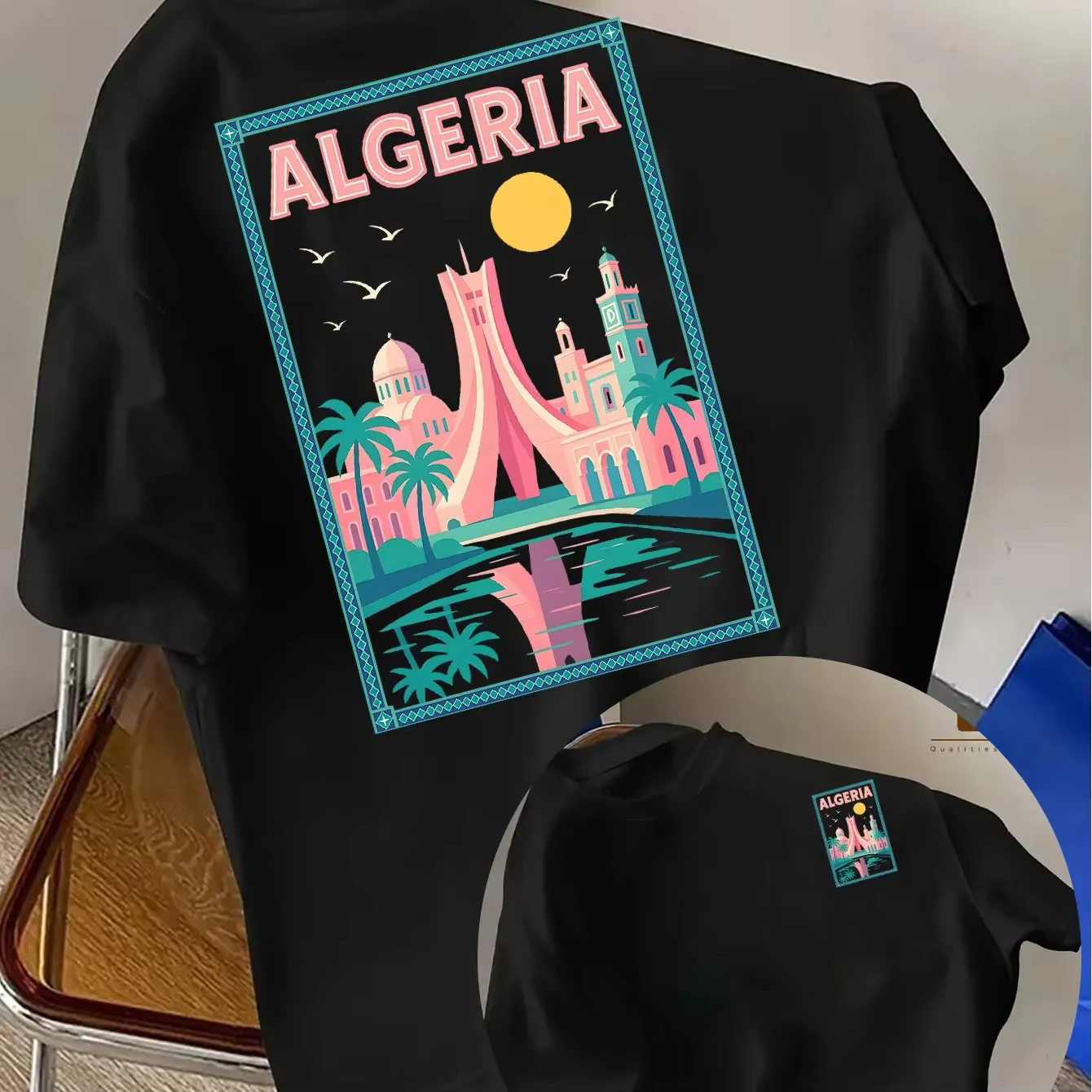 T-shirt Homme 100% Coton Algérie 2026 – Imprimé Rétro Paysage Urbain Nord-Africain – Streetwear Déco