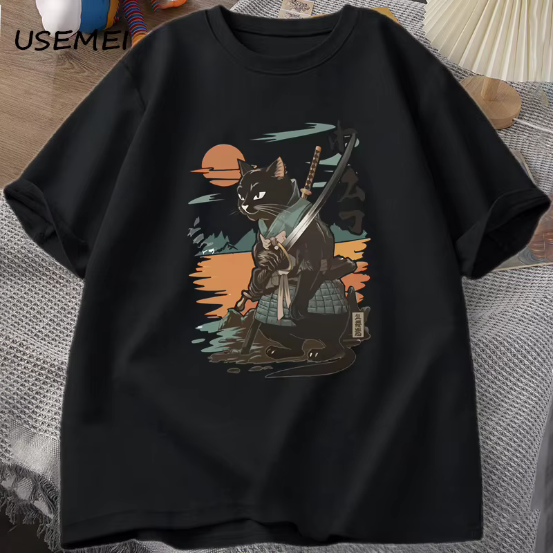 Samouraï chat T-Shirt Style japonais chat concepteur Vintage T-Shirt décontracté hommes graphique t-