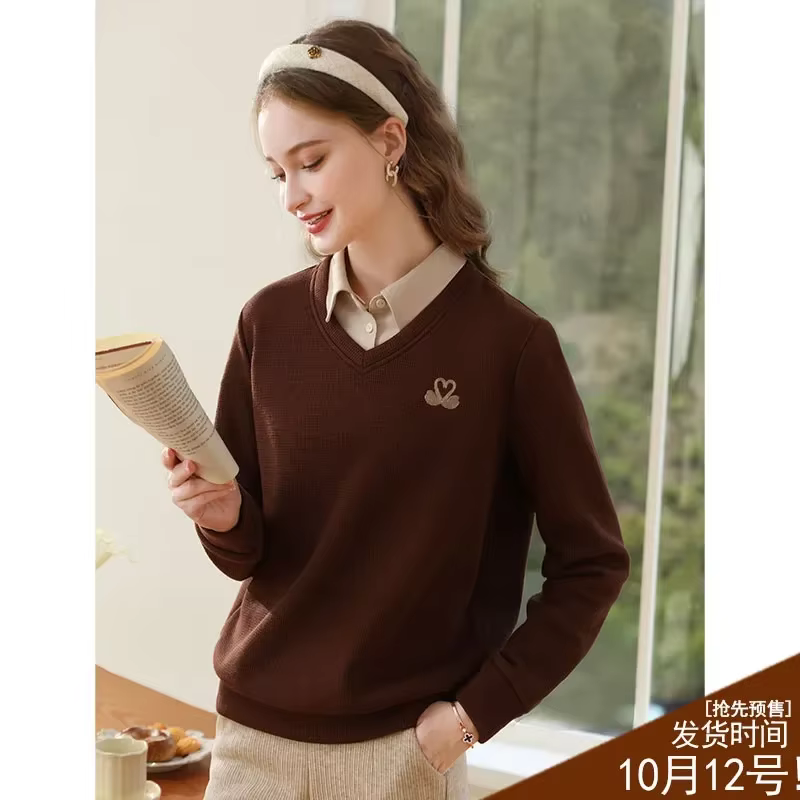 Sweat à capuche I Believe You pour femme, col polo français, broderie Fake Two Optics, nouveau chemi