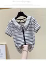 T-shirt à manches courtes et col de poupée à rayures chromatiques pour femme, petit design vent doux
