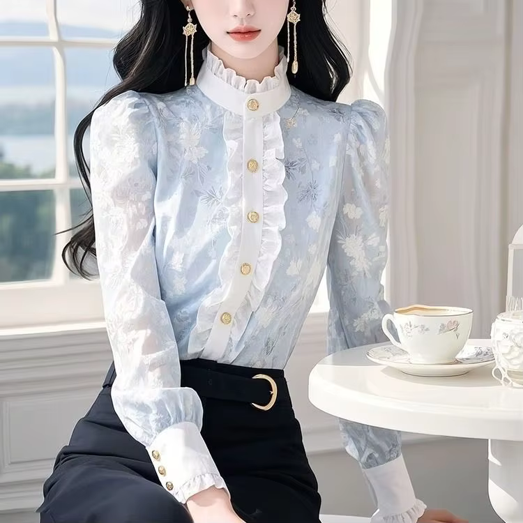 Chemise en mousseline de soie florale bleue avec oreilles pour femmes, nouveau haut Patchwork, Chic,