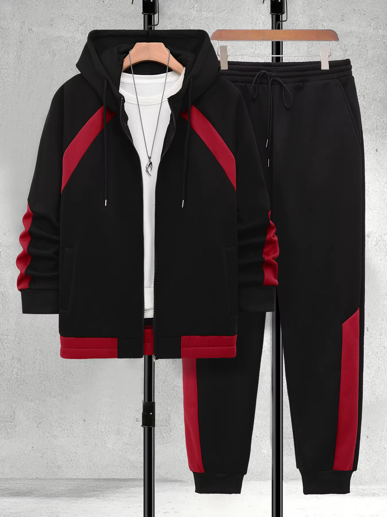 Ensemble de survêtement pour homme grande taille, noir et rouge, 2 pièces, sweat à capuche zippé et 