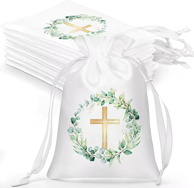 Sacs cadeaux en Satin pour baptême, 10 pièces, avec cordon de serrage, 4x6 pouces, sacs cadeaux reli