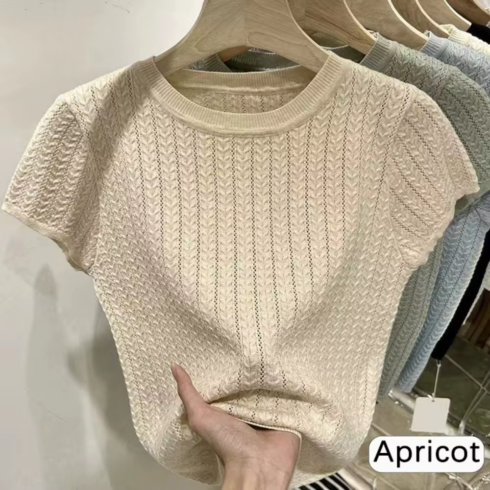 T-shirt élégant en maille torsadée, en soie glacée, coupe courte ajourée, ajustée, à manches courtes