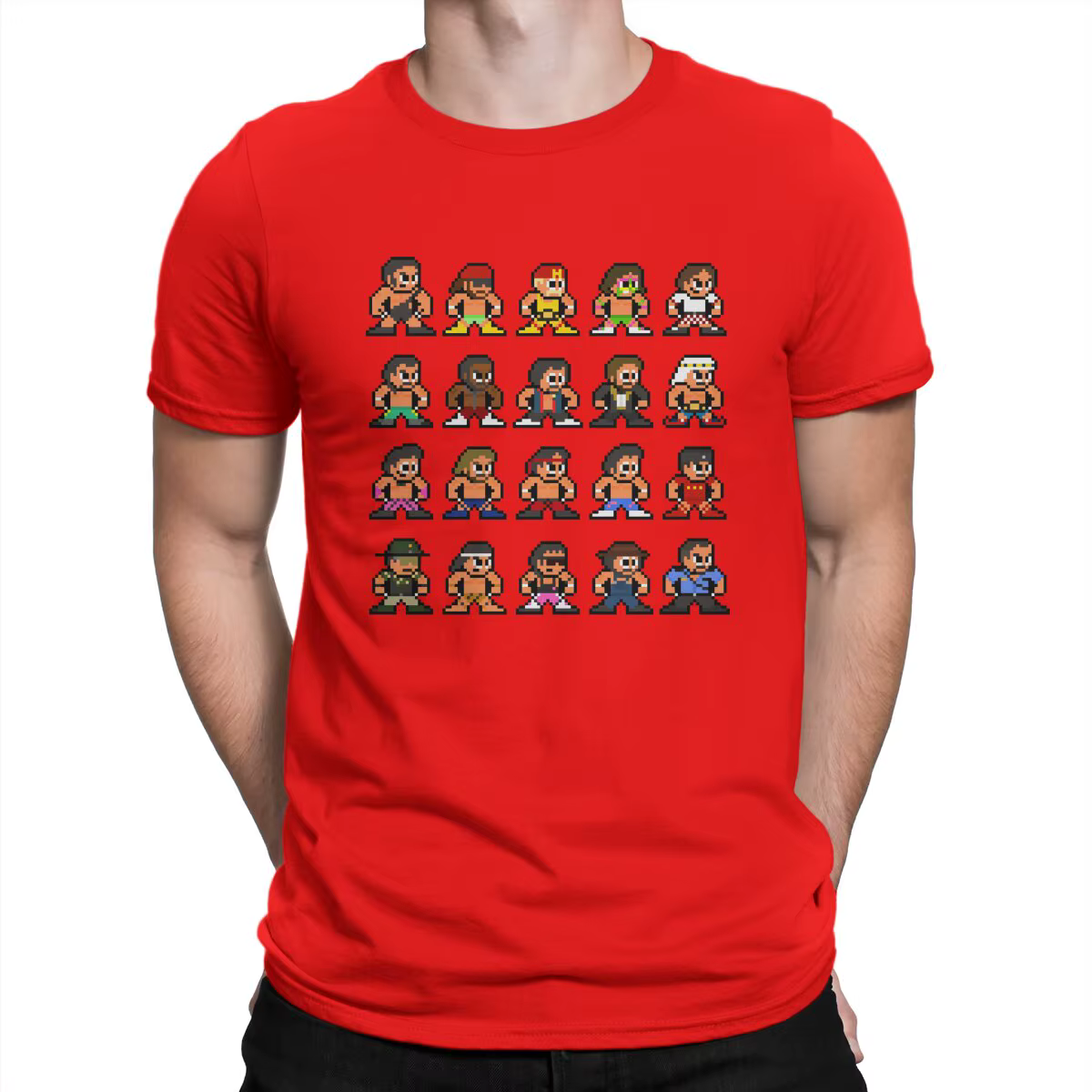 T-Shirt à Manches Courtes et Col Rond pour Homme, 100% Coton, Pixel Art, Lutte, Loisirs, WWF des Ann