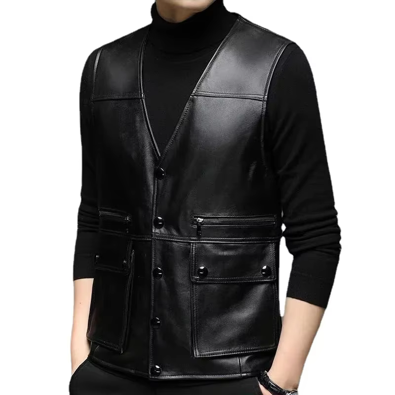 Gilet de moto en cuir véritable pour hommes, veste sans manches de motard, gilet pare-balles, gilet 