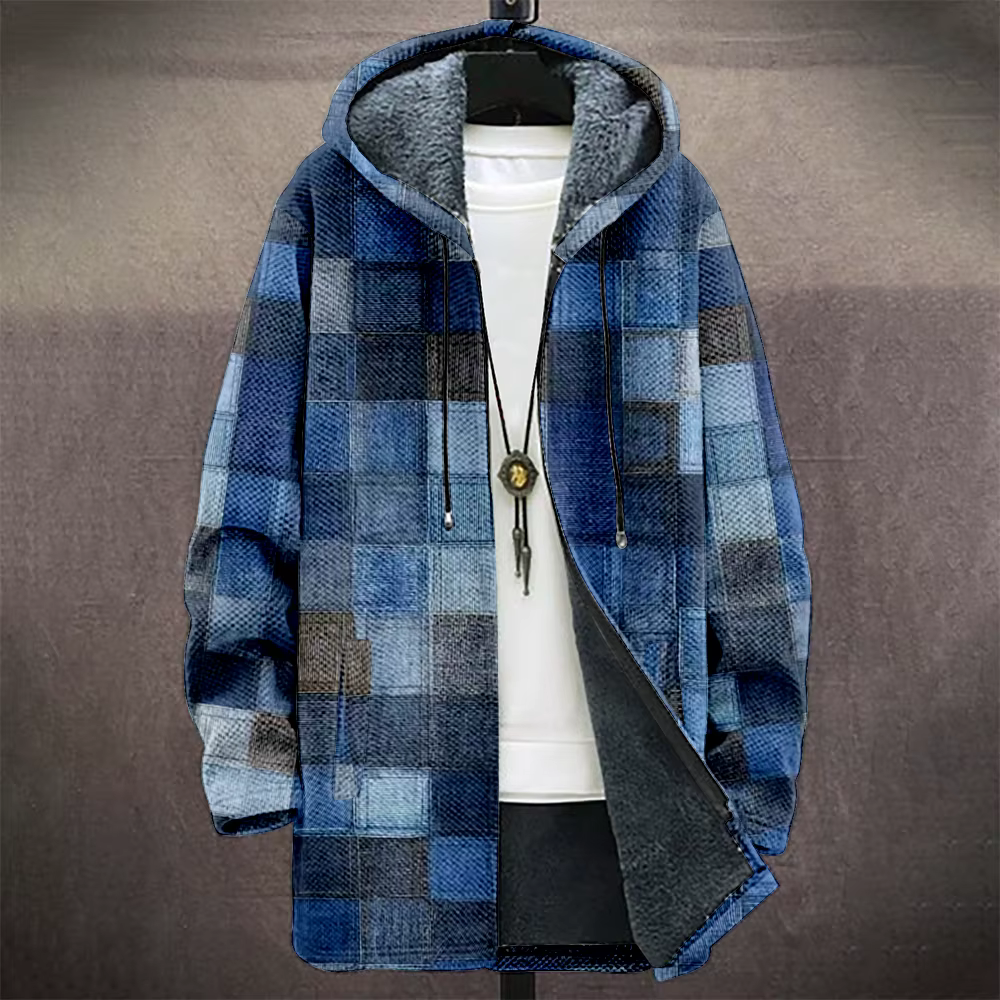 Manteau à capuche à carreaux pour hommes doublé polaire bleu gris veste d'hiver chaude géométrique u