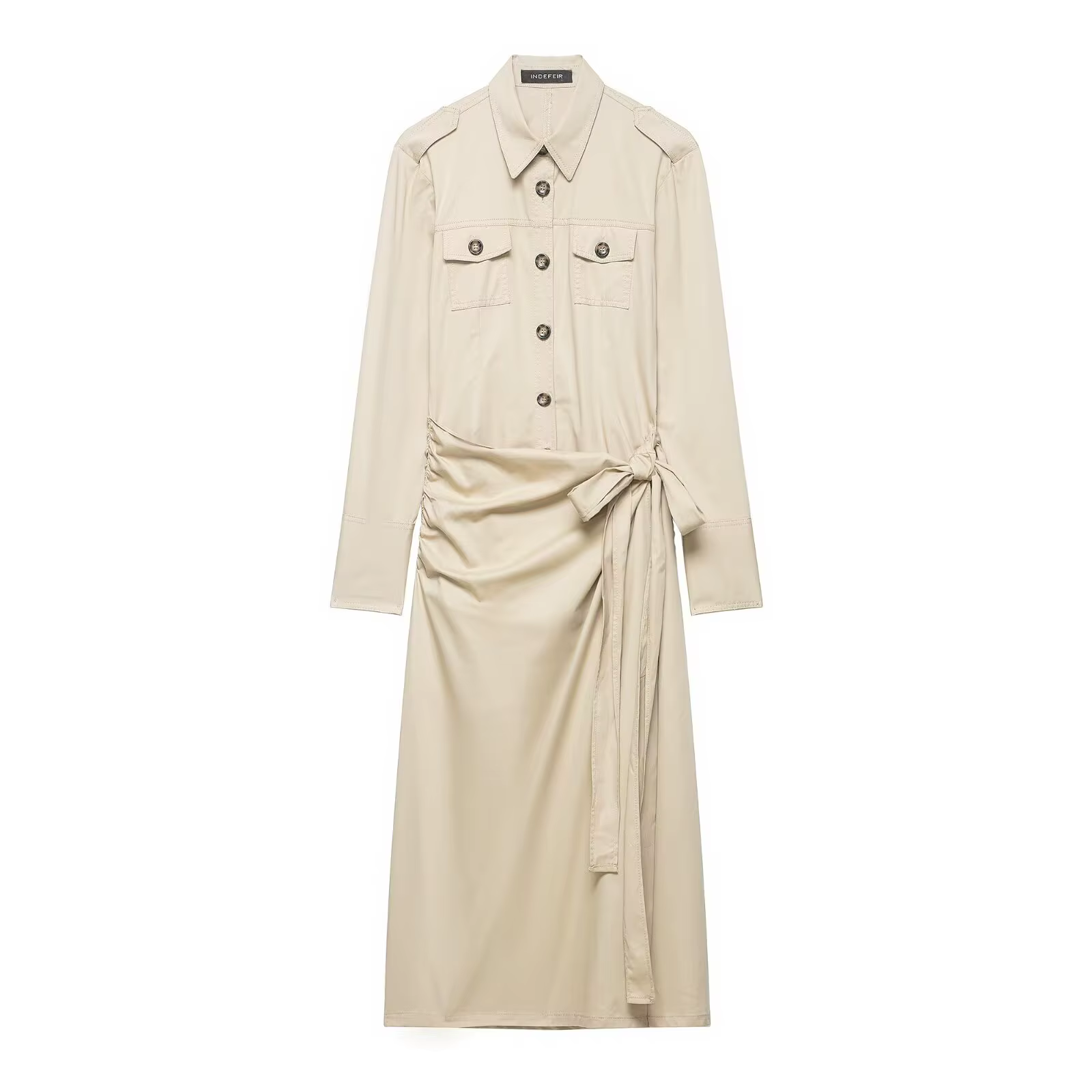 Robe Midi Femme Printemps à Col Rabattu et Poches, Manches Longues, Boutonnage Simple, Décoration à 