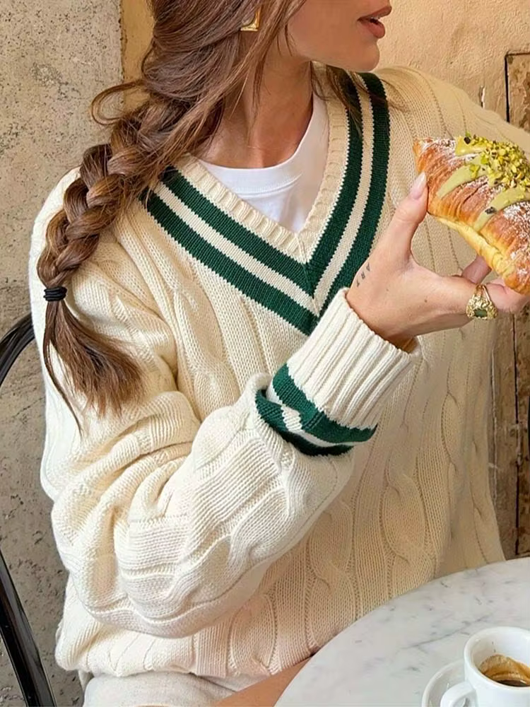 Pull vintage à manches longues pour femmes, col en V, couleur contrastée, Fried Dough Twists, décont