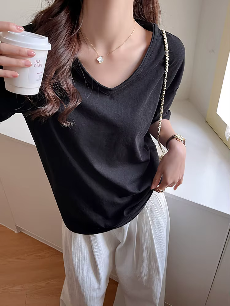 T-shirts amples en coton pour femmes, hauts d'été surdimensionnés, basique, col en V, manches courte