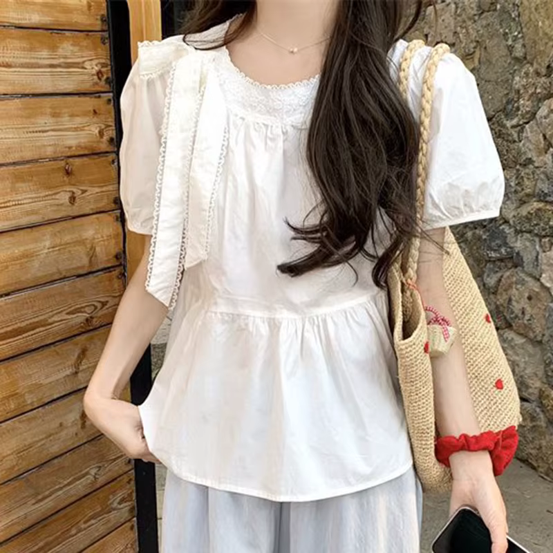 Chemisier blanc doux à manches bouffantes pour femme, style coréen, avec nœud en dentelle et volants
