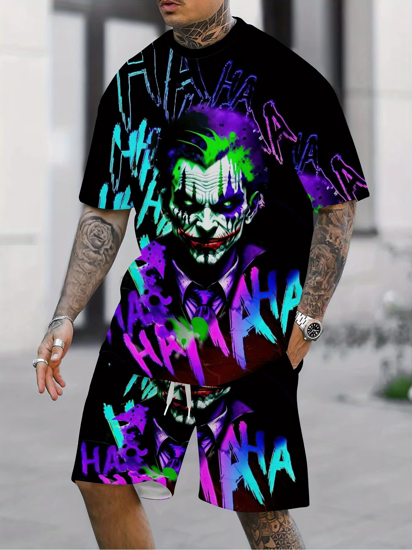 Ensemble T-Shirt à manches courtes et col rond, Short à cravate avec poches, tricoté à col rond, Mic