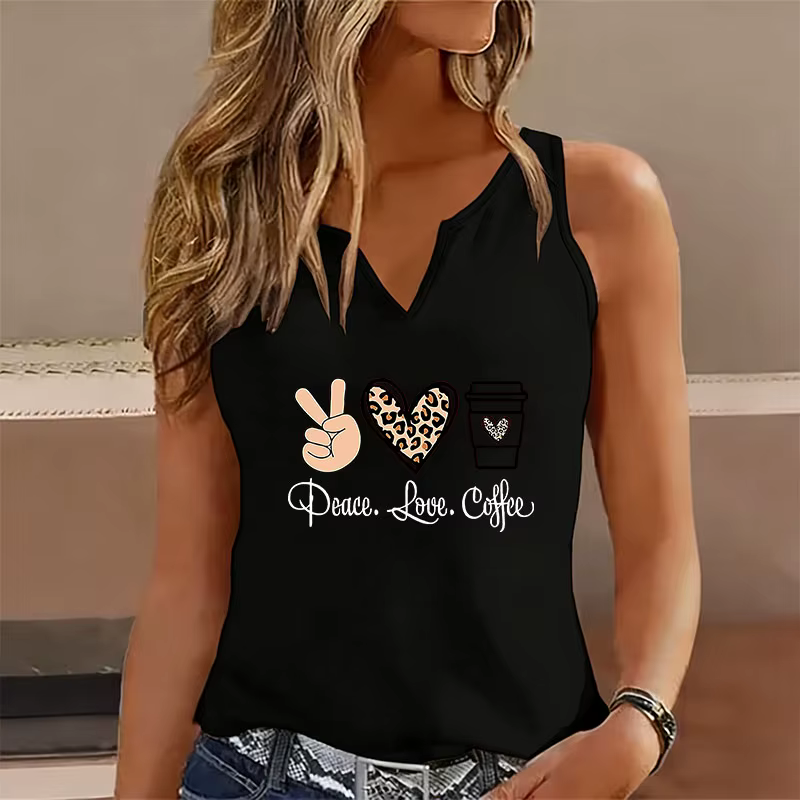 Peace Love Coffee Débardeur sans manches col en V pour femme, style décontracté et tendance, T-shirt