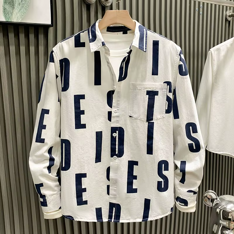 Chemise à revers imprimé lettre ChimVintage pour hommes, manches longues, poche simple, vêtements dé