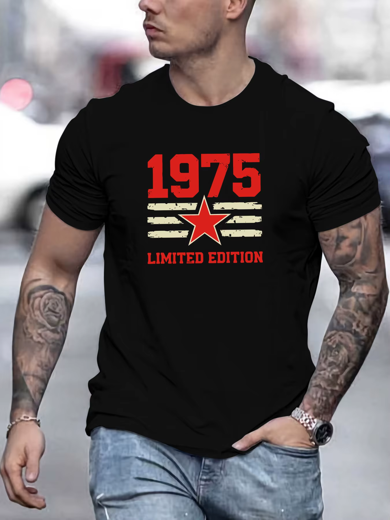T-Shirt homme 2025 nouveauté Vintage Chic 1975 édition limitée étoile rouge rayé rétro imprimé éléga