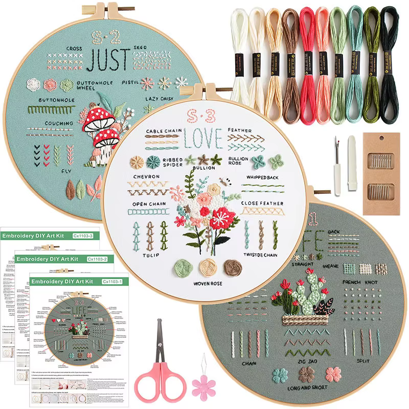 Kit de broderie pour débutants et adultes, 3 modèles estampillés, aiguilles, fils de couleur, access
