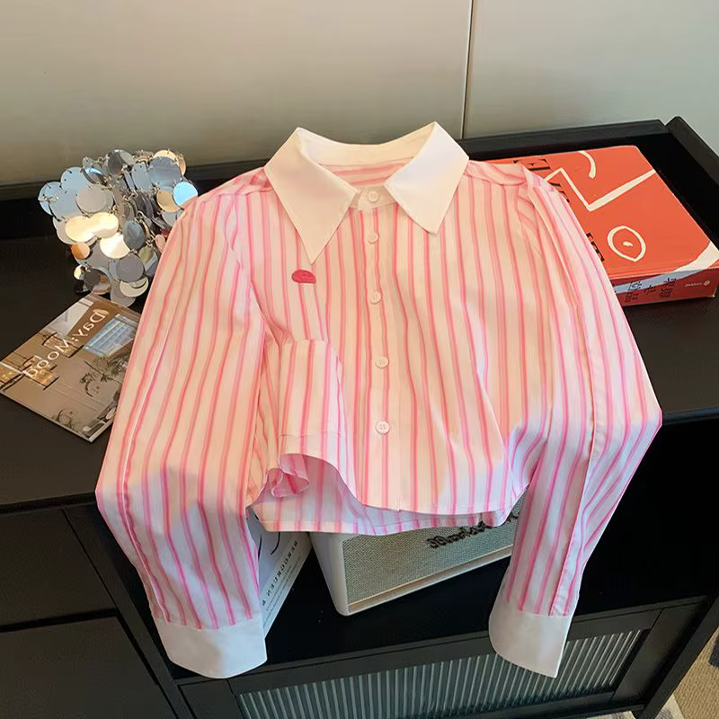 Rose rayé femmes hauts à manches longues tempérament Blouses 2025 Blusas Mujer De Moda mode décontra