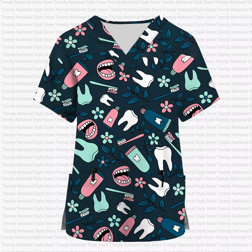 Nouveau style de blouse d'uniforme de travail pour infirmière vétérinaire avec imprimé dentaire, cli