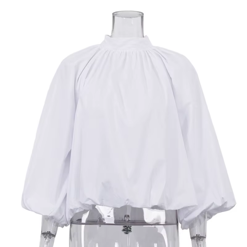 Chemisier blanc à manches bouffantes style français pour femme, col montant, chemise ample à volants