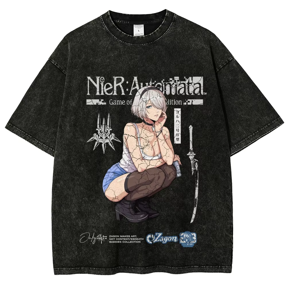 T-shirt NieR Automata délavé, vêtements toute l'année, nouveau modèle unisexe, grande taille, vêteme