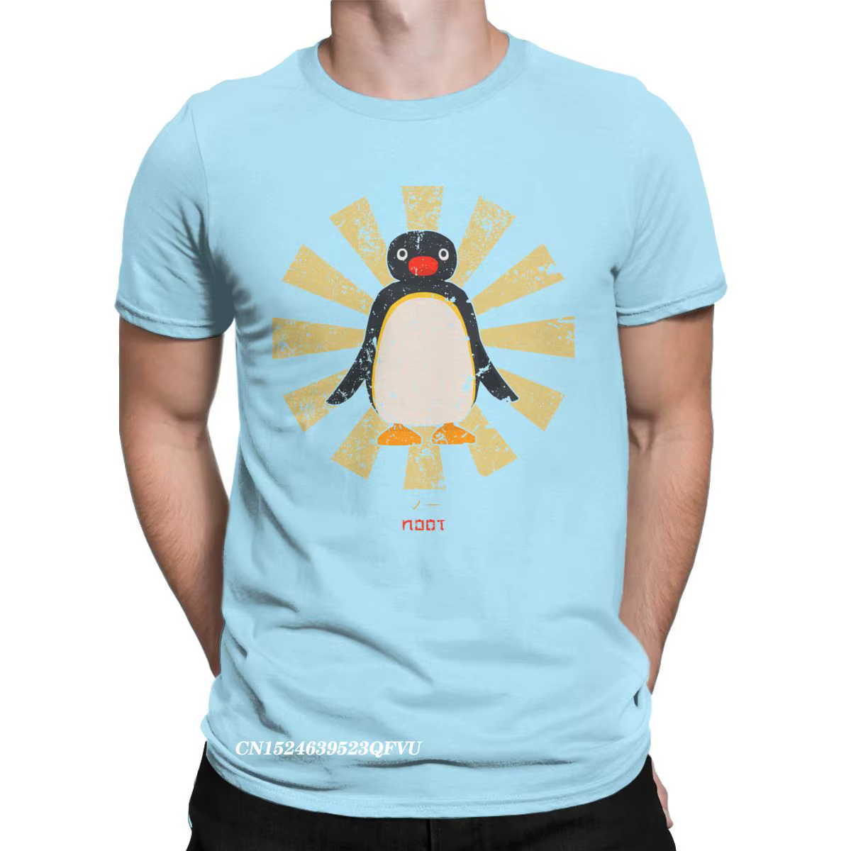 T-Shirt à col rond pour homme, en coton, imprimé, mignon, rétro japonais, Pingu Noot, Harajuku
