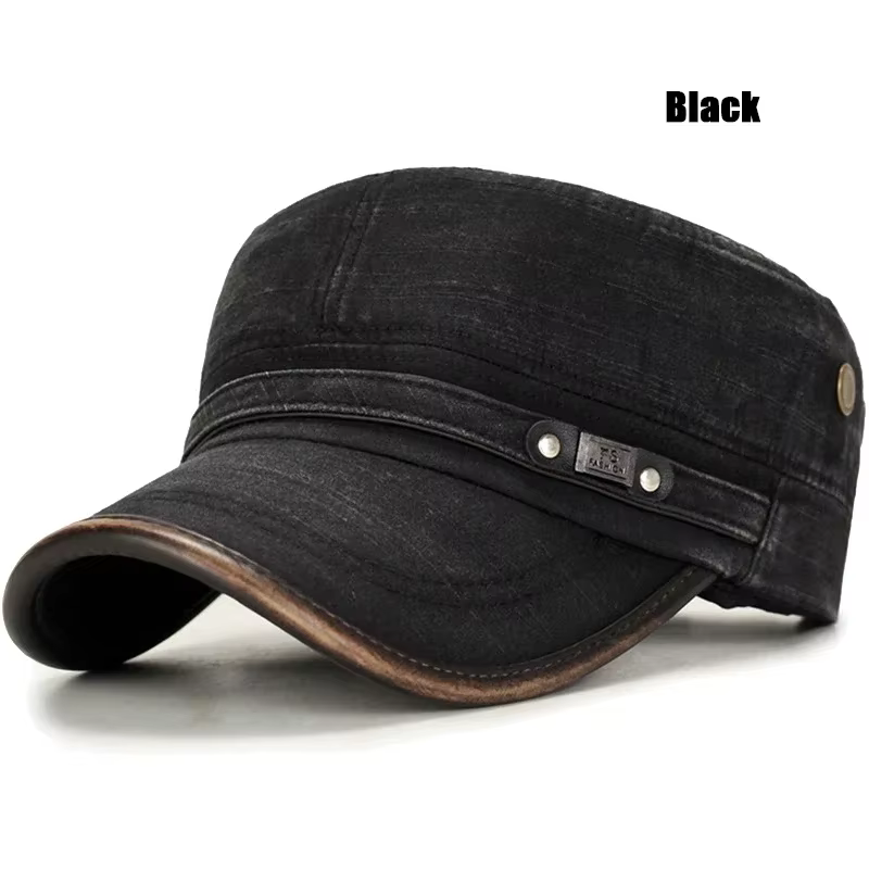 Casquette plate réglable en coton délavé à bord en cuir pour école militaire, chapeau de soleil, cas