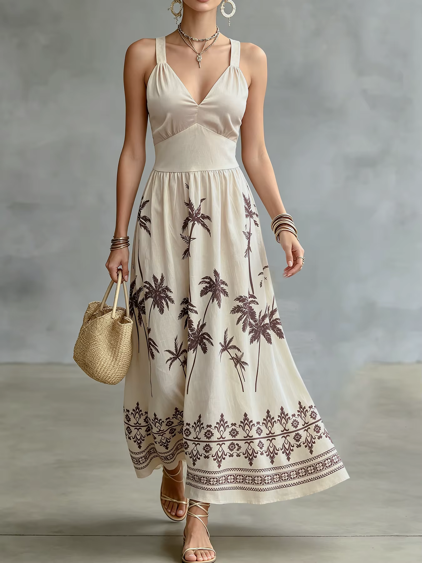 Robe midi pour femme à imprimé palmiers, col en V, bretelles spaghetti, style bohème, ourlet tribal,