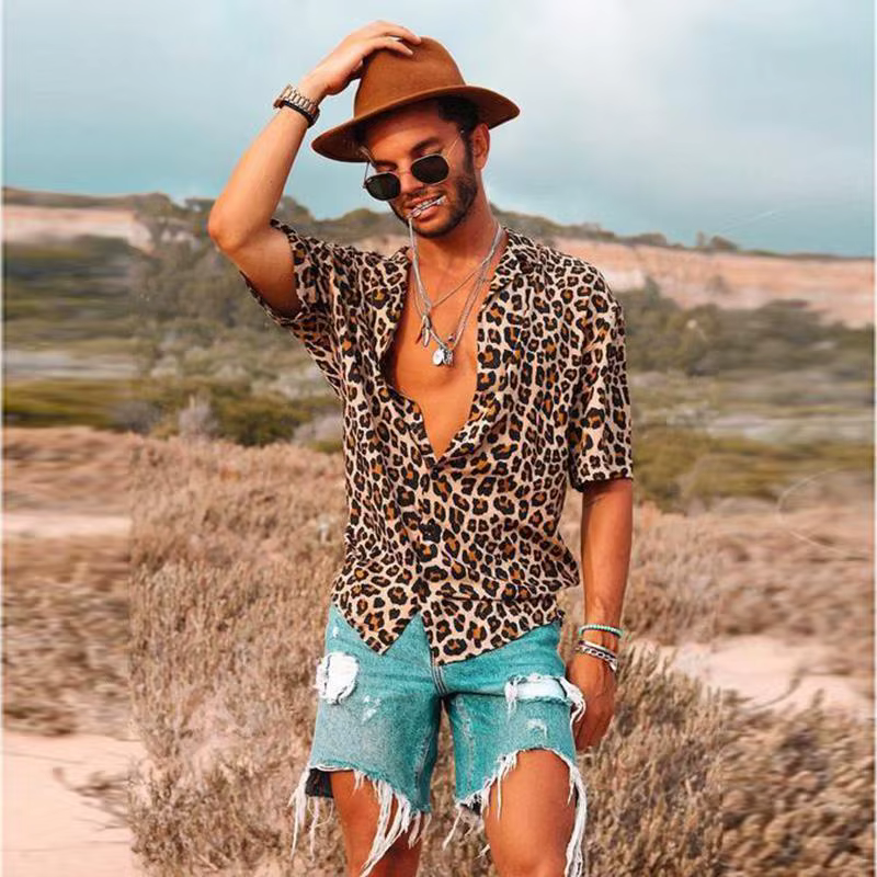 Nouvelle mode hommes chemises léopard décontracté revers à manches courtes vacances Blouse loisirs S