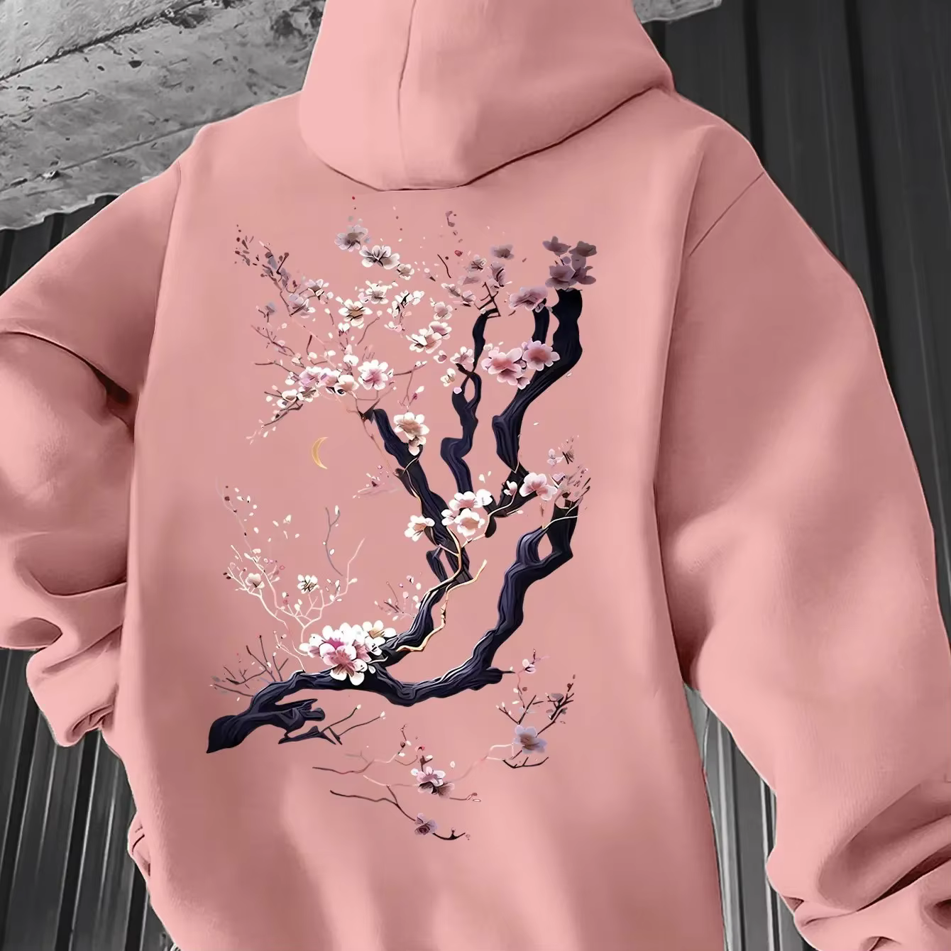 Sweat à capuche pour homme, design rétro style délavé à l'encre, branches de cerisier reflétant l'es