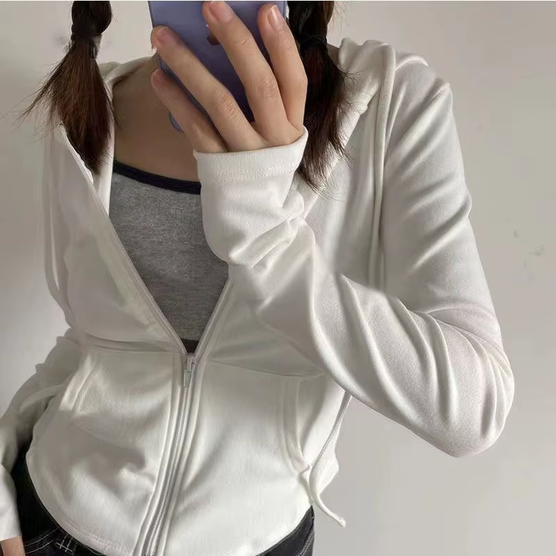 Veste courte à capuche zippée pour femme, sweat-shirt Slim à manches longues, Y2K, couleur unie, Str