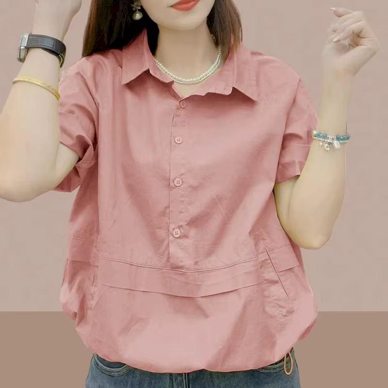 Polo t-shirt femmes à manches courtes Blouse ample surdimensionné mince couleur unie revers haut déc