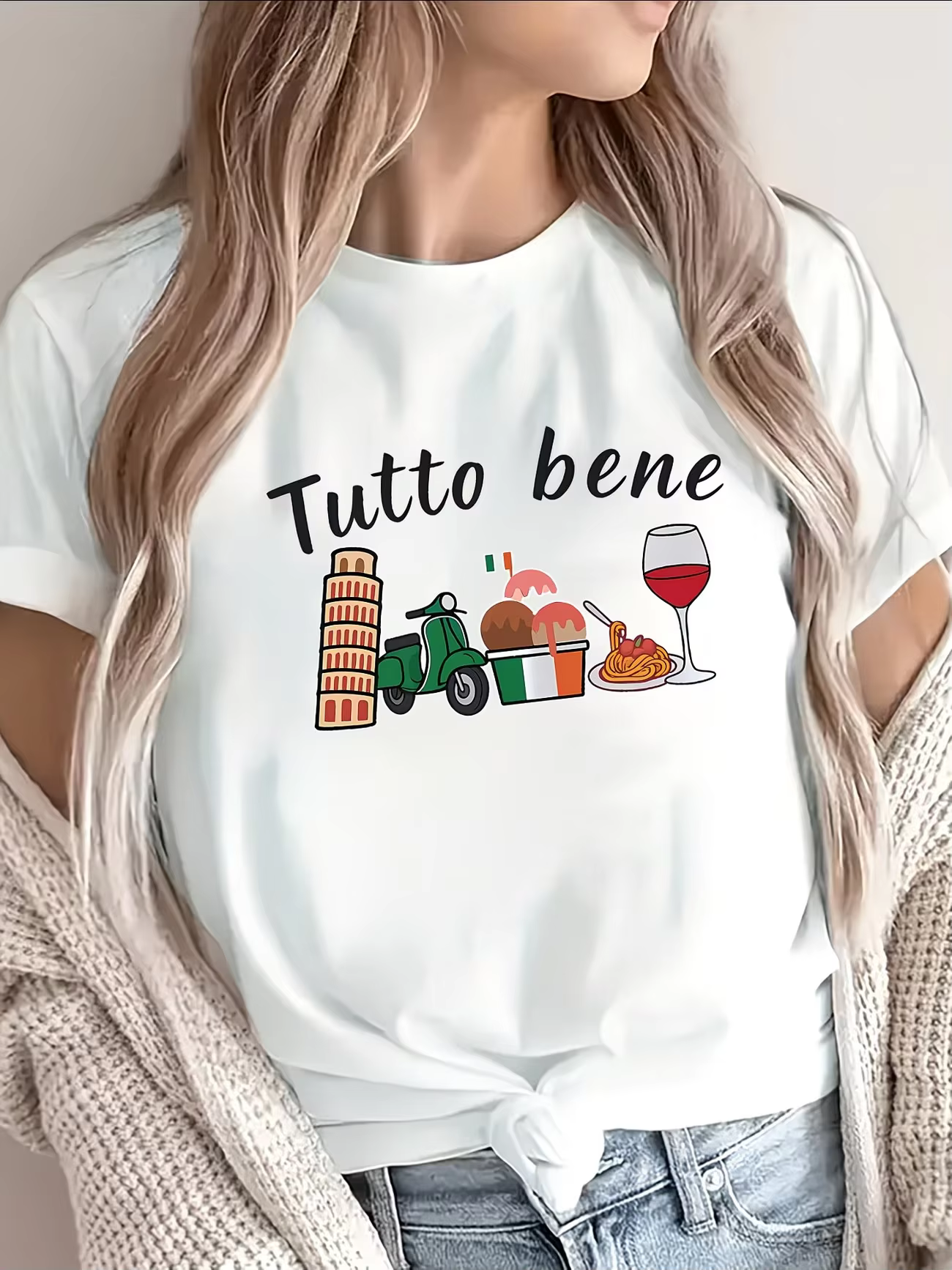 Tutto Bene Italy Top pour femme, t-shirt graphique italien pour les vacances, motif Tour de Pisa, ge