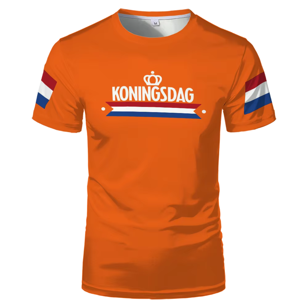 T-shirt à motif de vêtements orange pour la fête du roi néerlandais, avec image du drapeau néerlanda