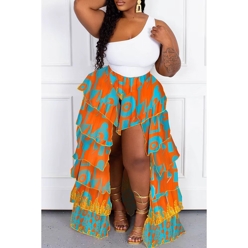 Jupe de plage style bohème pour femmes, grande taille, imprimé complet, volants, ourlet irrégulier, 