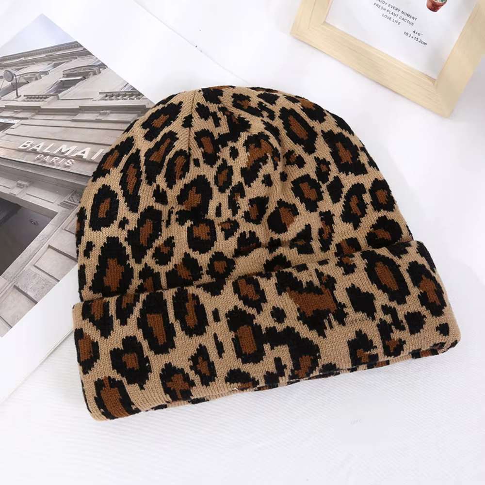 Bonnet tricoté doux imprimé léopard style Y2K, sans bord, épais et chaud, élastique, style hip-hop, 