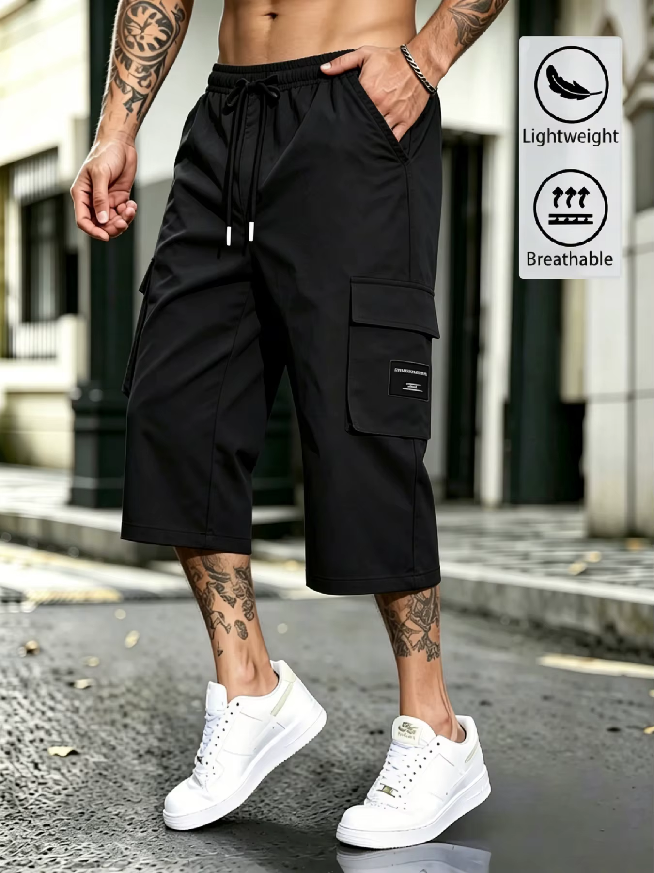 Pantalon cargo capri streetwear pour homme, taille élastique avec cordon de serrage, poches cargo 3D