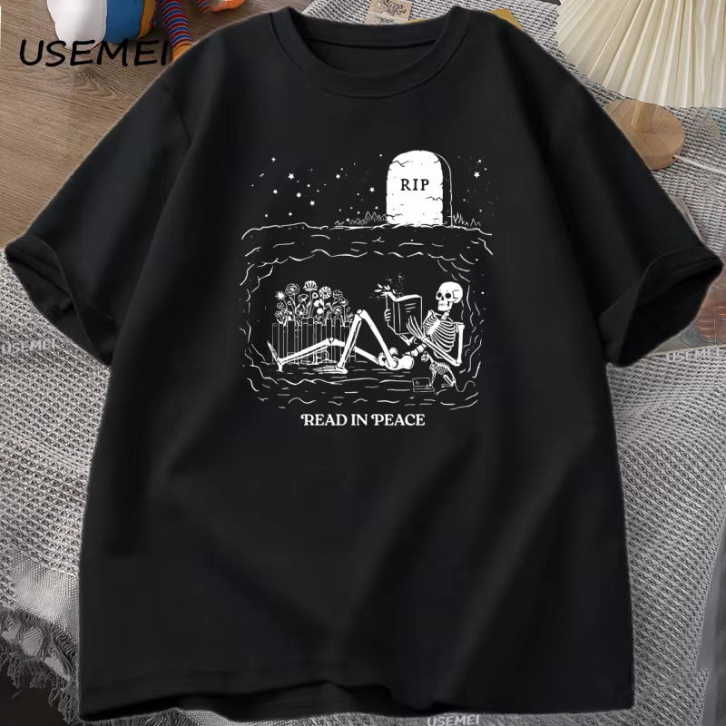 Bookish T Shirt Men Women Book Lover Clothing Skull Reading T Shirt Retro Graphic Tee Classic Short 
