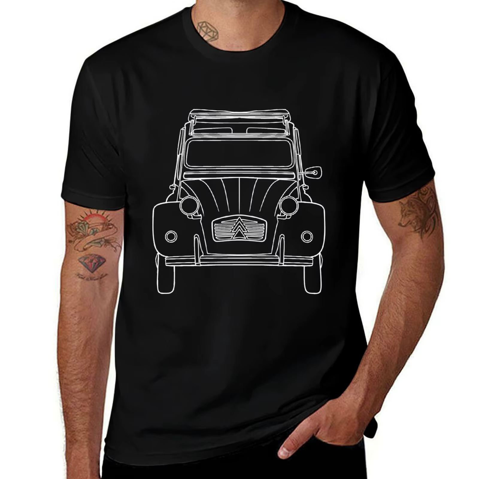 T-shirt vintage avec cristaux et lignes blanches pour homme, graphique et scopique, 2CV