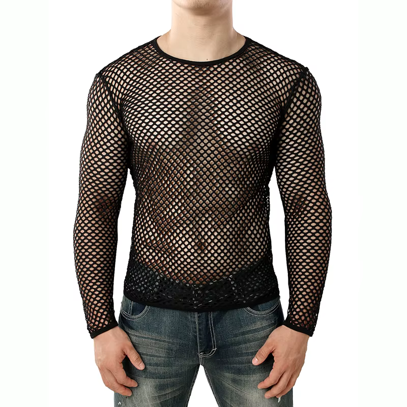 Hommes Transparent Sexy maille t-shirt nouveau voir à travers résille à manches longues Muscle sous-